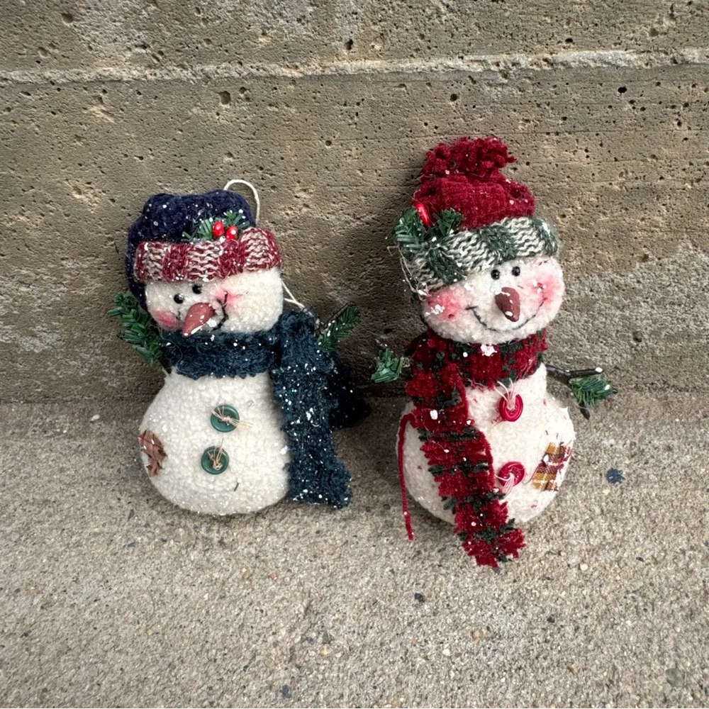VTG Soft‎ Snowy Snowman Ornament Pair Farmhouse Rustic